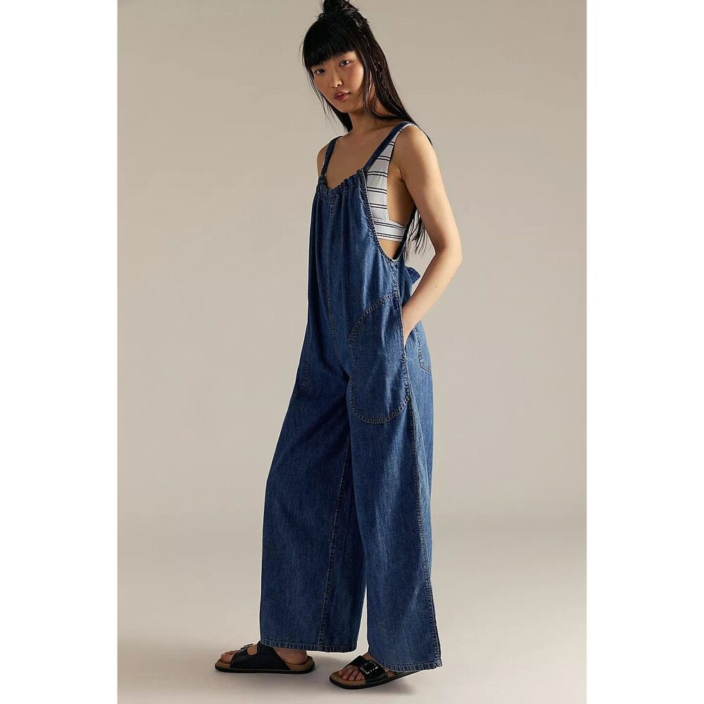 Free People We The Free Freebird Jumpsuit Dress Wide Leg Cotton Denim M 292019